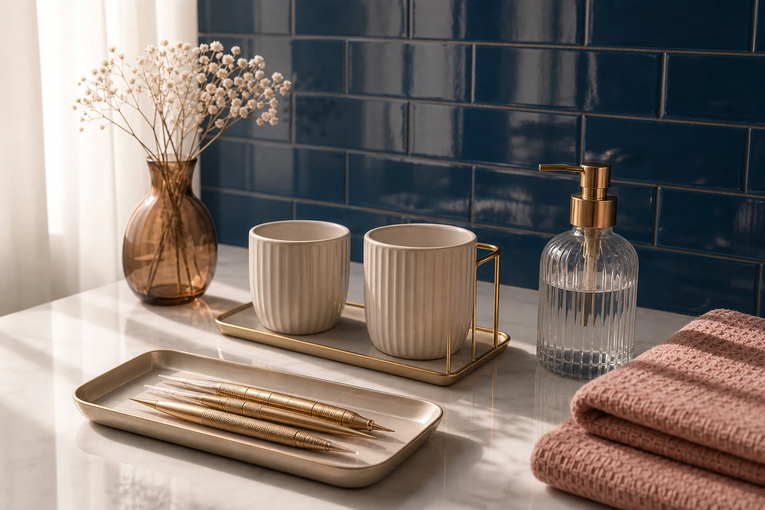 Stillleben im Studio: Permanent-Make-up-Arbeitsgeräte auf einem goldenen Tablett vor tiefblauen Fliesen, mit rosafarbenem Handtuch und Vase.